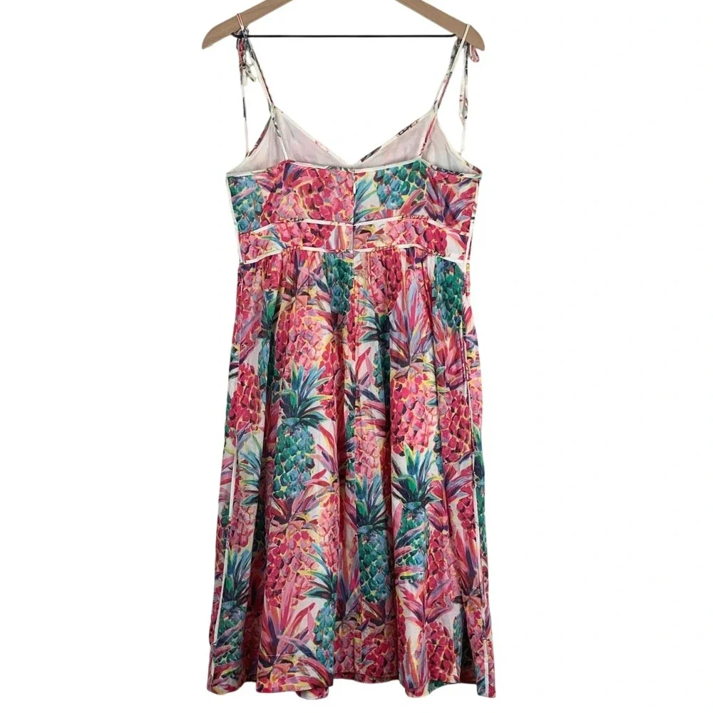 J.CREW Pineapple Print Tie Shoulder Cotton Midi Dress Sz 8 Pink Pockets